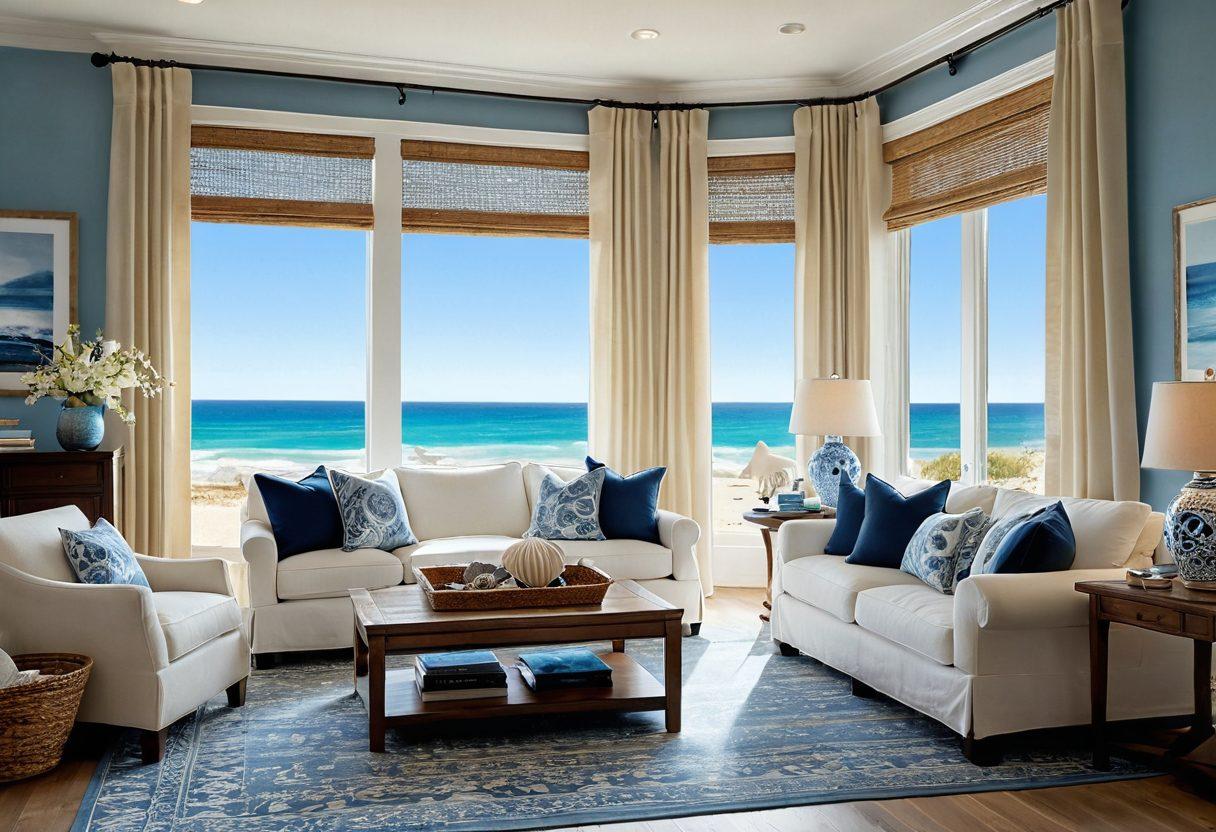 A serene coastal living room featuring light, airy decor with shades of blue and sandy beige. Include elegant hardwood flooring, decorative seashells, and soft linen curtains gently flowing in the breeze. Showcase a sunlit window with a view of the ocean, inviting a sense of summer freshness and tranquility. super-realistic. vibrant colors. soft lighting.
